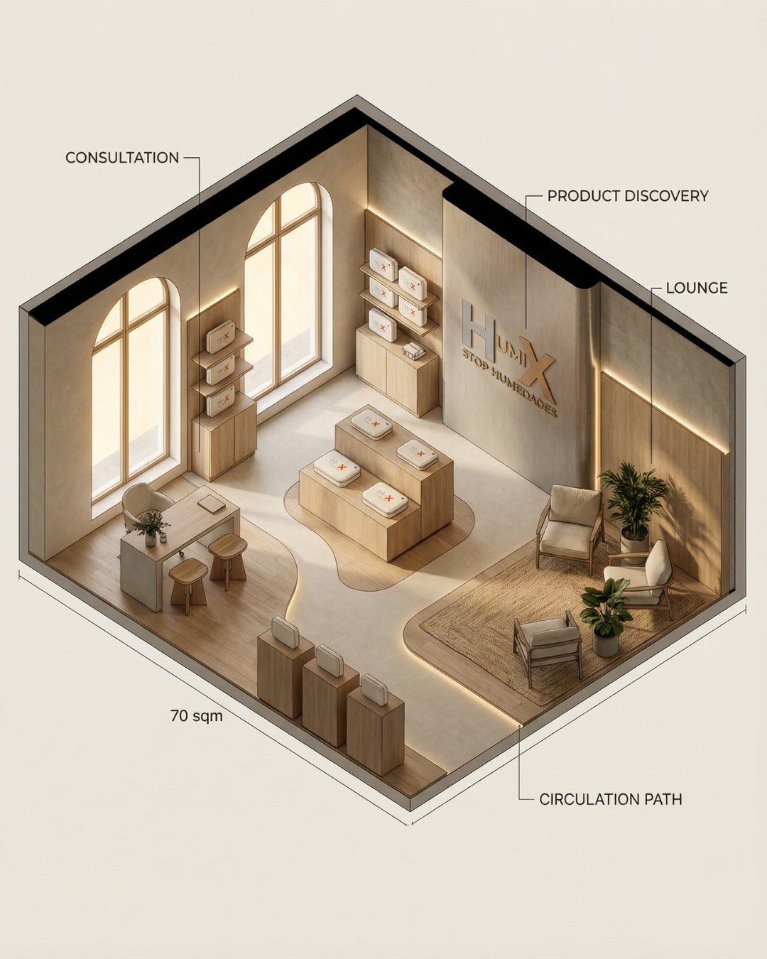 Plano isométrico HumiX Store 70 m² — Consultation, Product Discovery, Lounge, Circulation Path